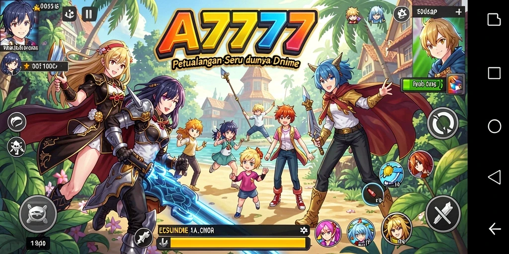 Tangkapan layar A7777 menunjukkan pertarungan karakter di dunia Anime yang indah.