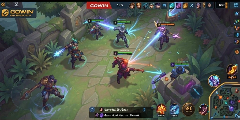 Tampilan gameplay GOWIN dengan aksi seru antara pahlawan di arena MOBA.