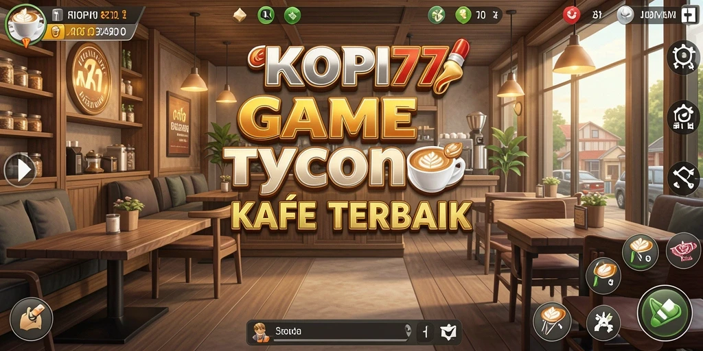 Tampilan gameplay KOPI77 dengan kafe yang indah dan ramai pengunjung.